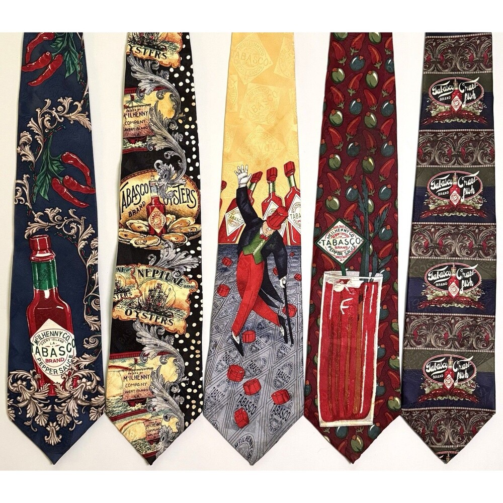 Lot of 5 Vintage Tabasco Silk Neckties Crawfish Oyster Bloody Mary Hot Sauce USA